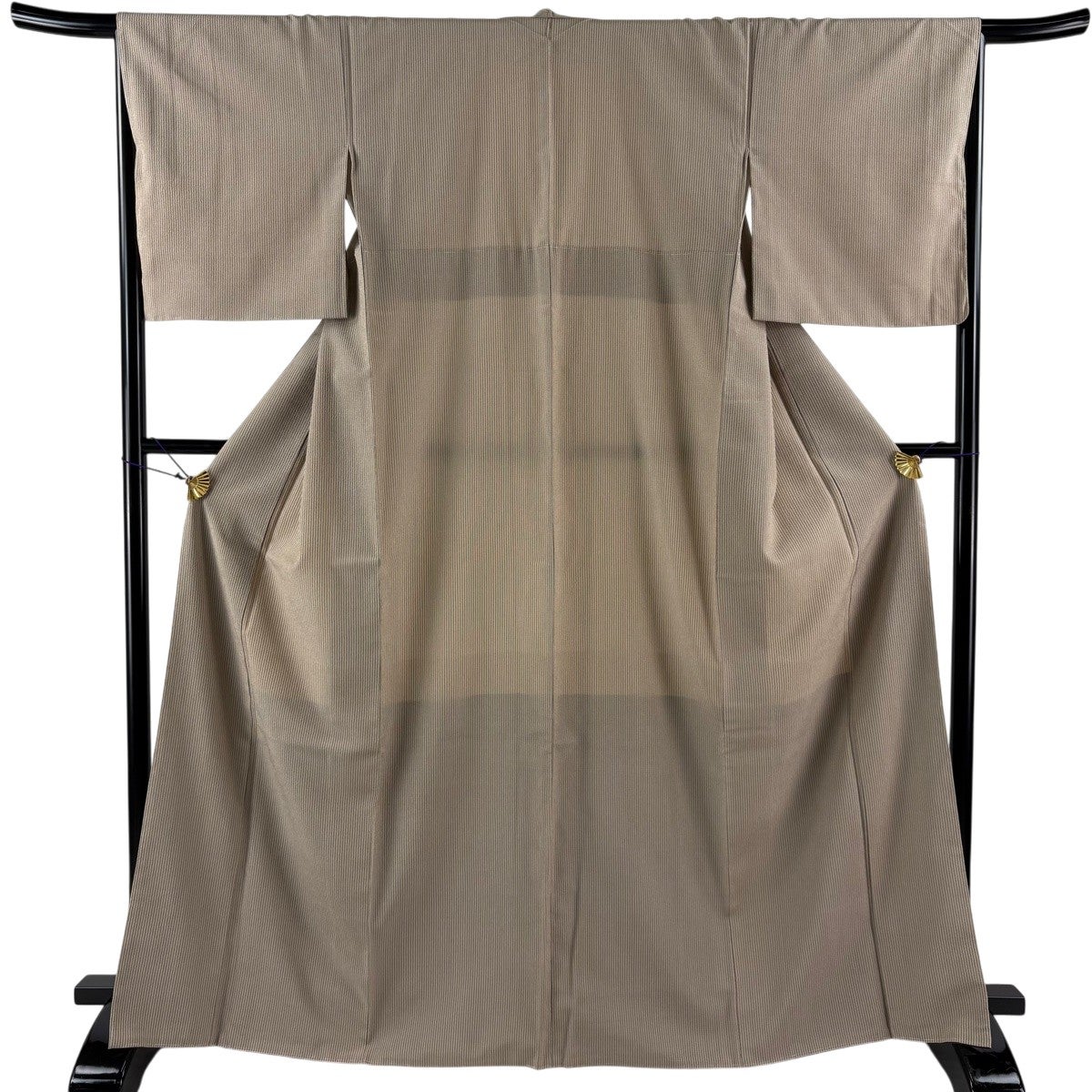 美品】 お召 身丈167cm 裄丈67cm M 袷 本塩沢 証紙あり 縦縞 薄茶色