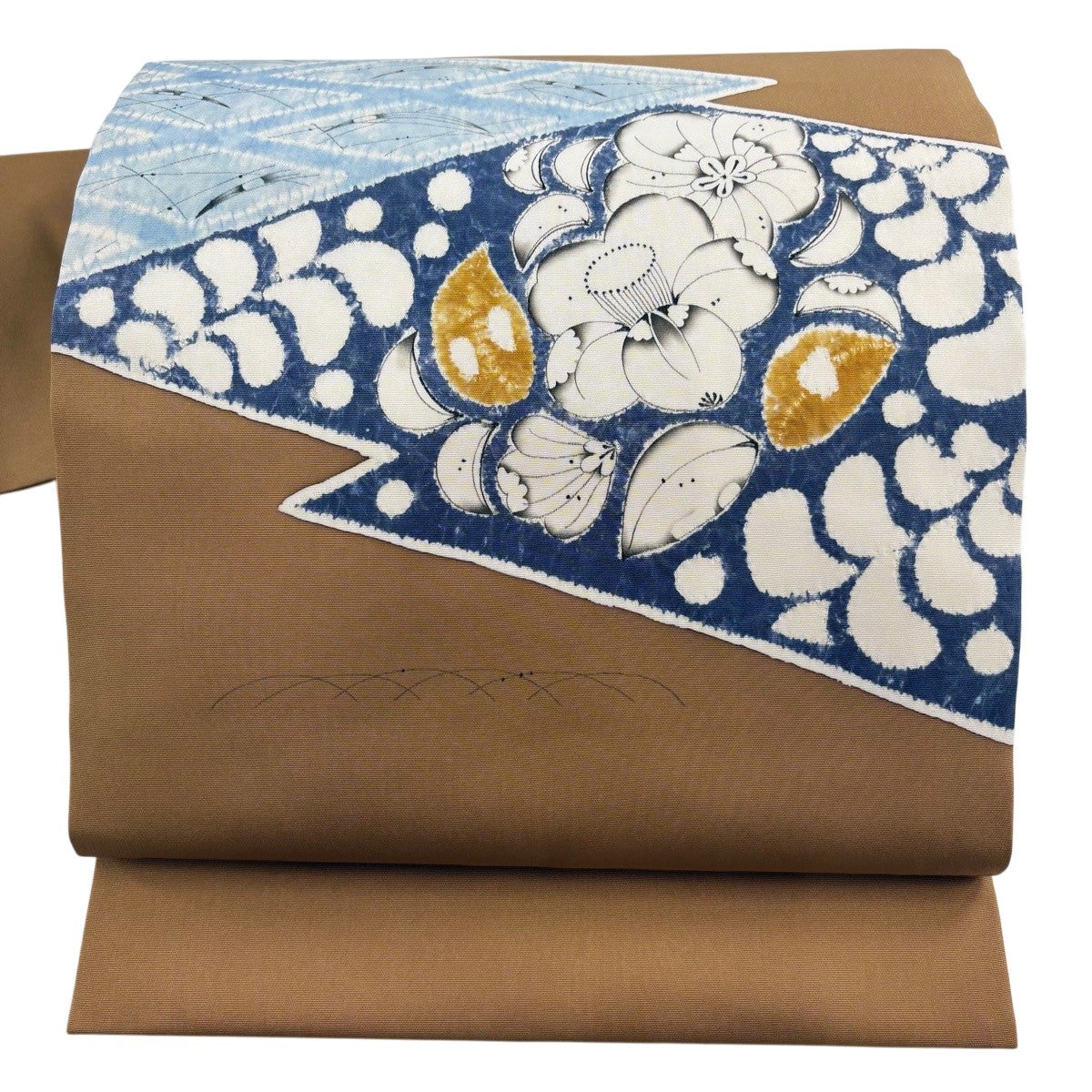 美品】 名古屋帯 逸品 小倉淳史 落款あり 辻が花柄 露芝 絞り 山吹茶色