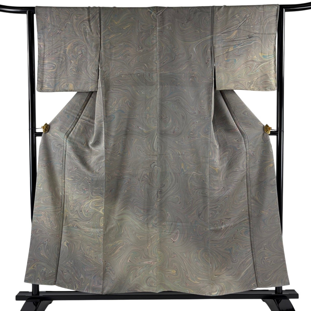 美品】 小紋 身丈169cm 裄丈66cm M 袷 墨流し ぼかし 茶緑色 正絹 名品