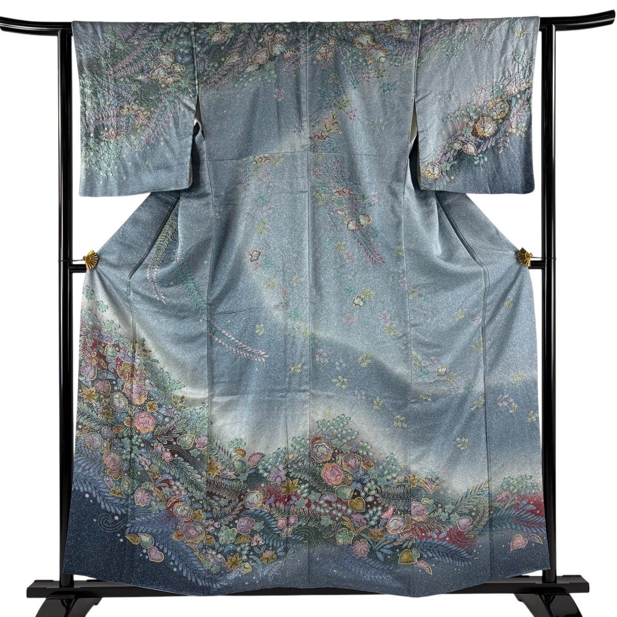 訪問着 身丈159cm 裄丈63cm S 袷 辻が花 金彩 ぼかし 青灰色 正絹 名品