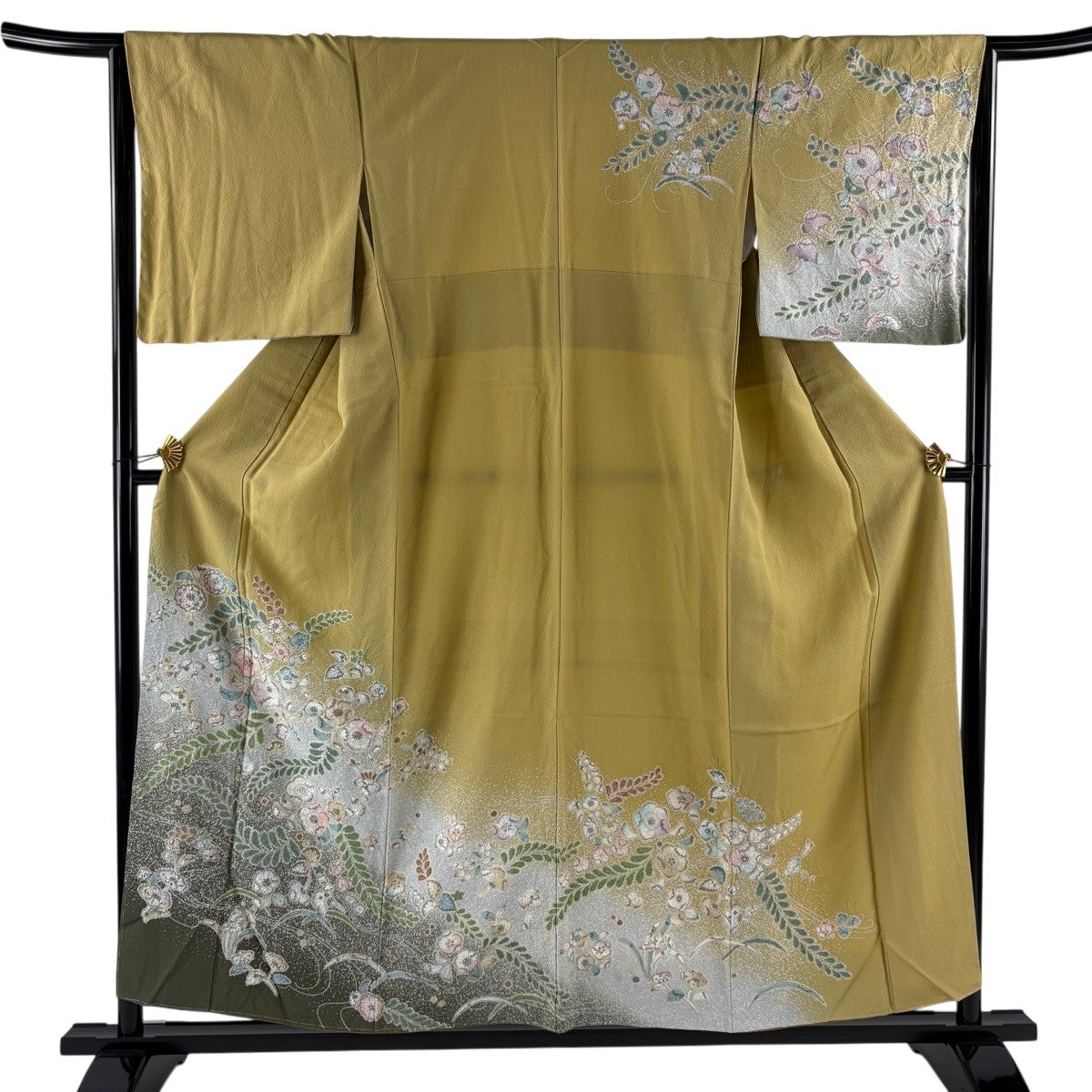 訪問着 身丈162.5cm 裄丈66cm M 袷 草花 菱 絞り 金彩 焦茶色 正絹