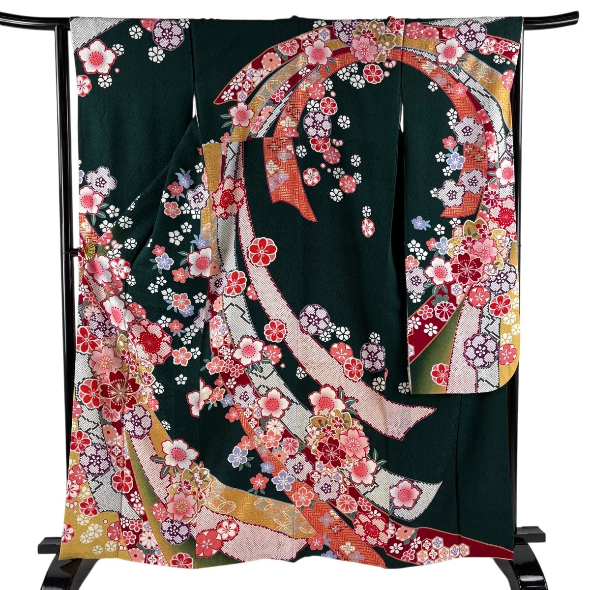 振袖 身丈164cm 裄丈64cm M 袷 熨斗 桜 金彩 ぼかし 深緑 正絹 名品
