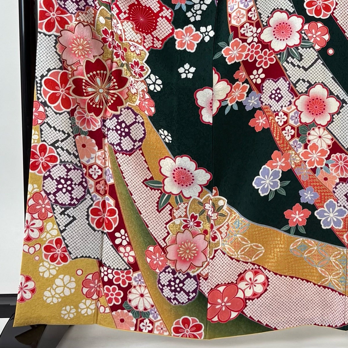 振袖 身丈164cm 裄丈64cm M 袷 熨斗 桜 金彩 ぼかし 深緑 正絹 名品