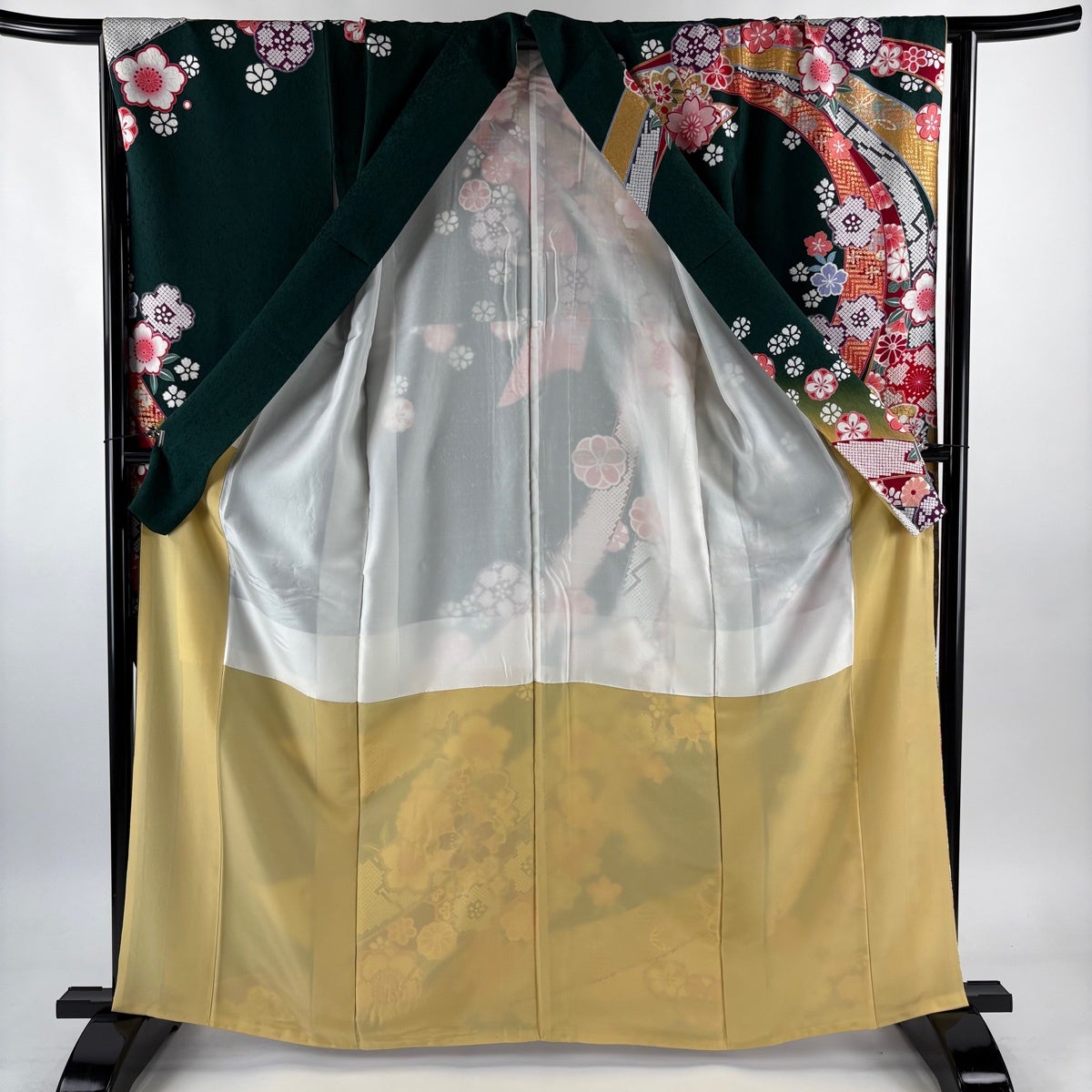 振袖 身丈164cm 裄丈64cm M 袷 熨斗 桜 金彩 ぼかし 深緑 正絹 名品