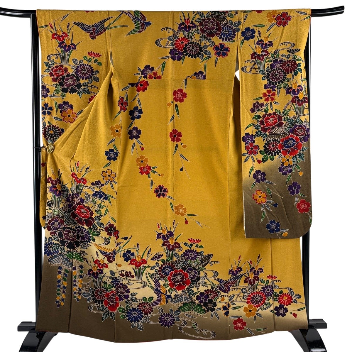 美品】 振袖 身丈164cm 裄丈65cm M 袷 牡丹 鳥 ぼかし 染め分け 黄土色