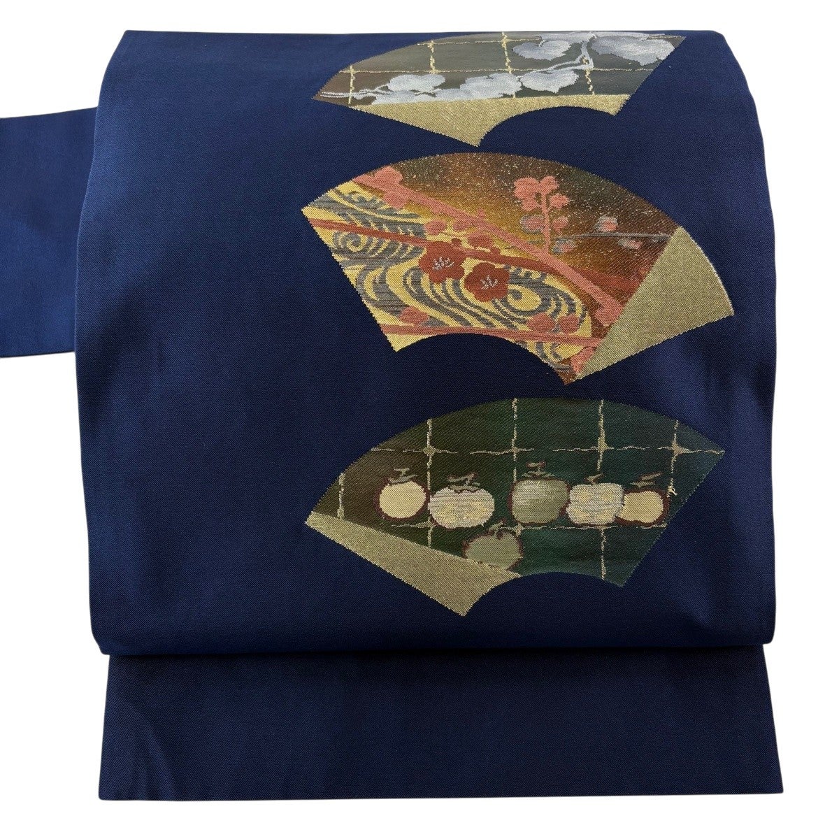ヴィンテージ￼ 正絹　名古屋帯　紺に赤×黄色のアイヌ紋様 50%OFF 【美品】 名古屋帯 優品 扇面 枝梅 箔 金銀糸 紺色 正絹 K50