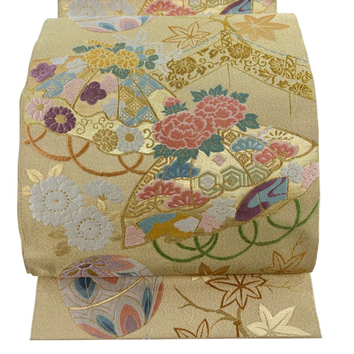 美品】 袋帯 秀品 花鳥至宝名選 優彩四季草花図 金糸 箔箔 金色 お太鼓