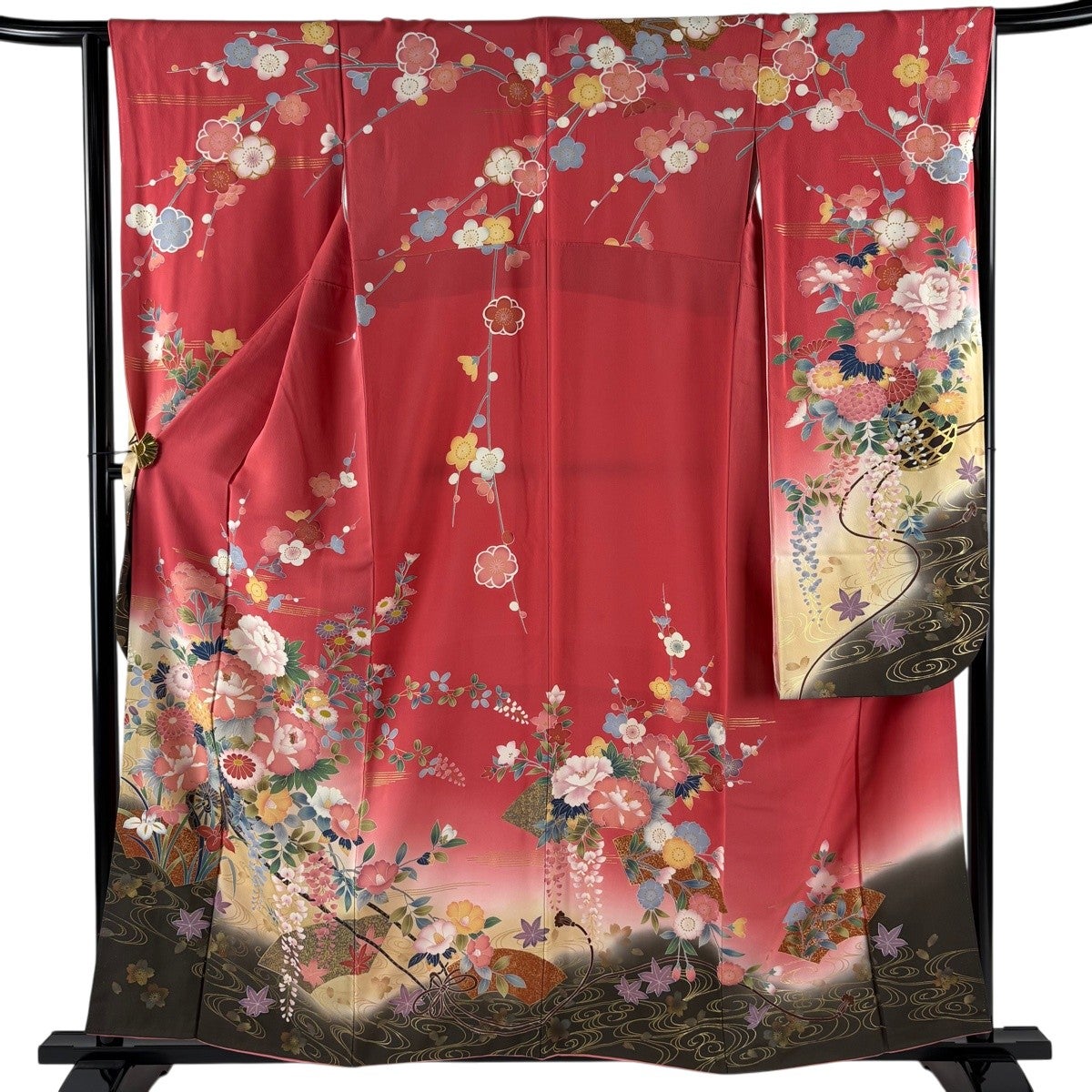 振袖 身丈158cm 裄丈65.5cm M 袷 花車 流水 金糸 金彩 ピンク 正絹