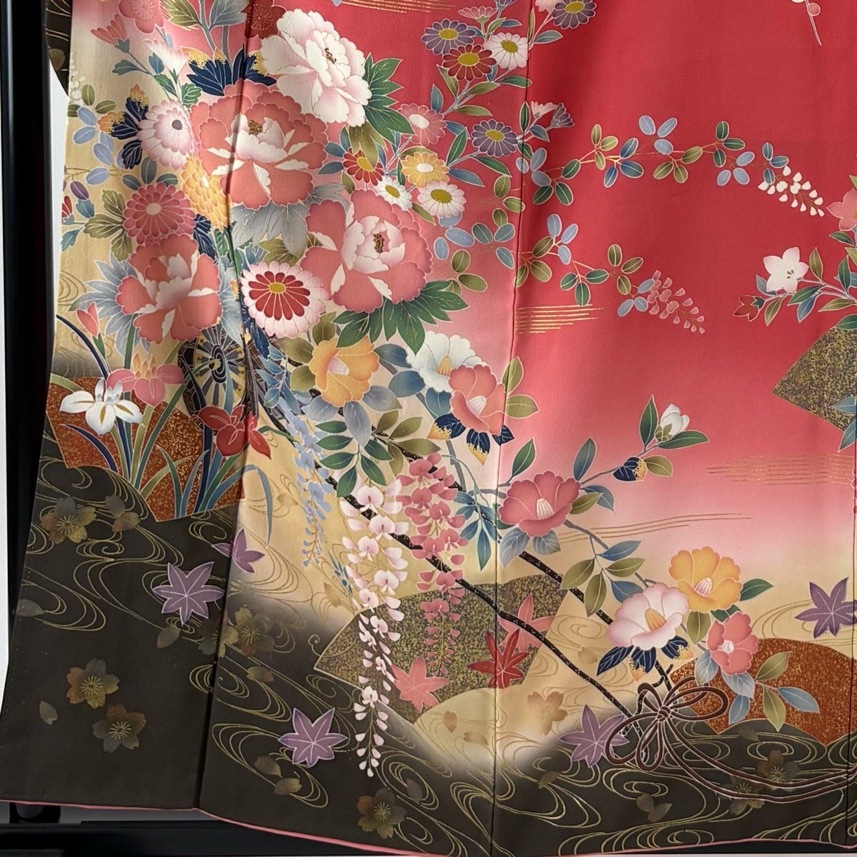 振袖 身丈158cm 裄丈65.5cm M 袷 花車 流水 金糸 金彩 ピンク 正絹