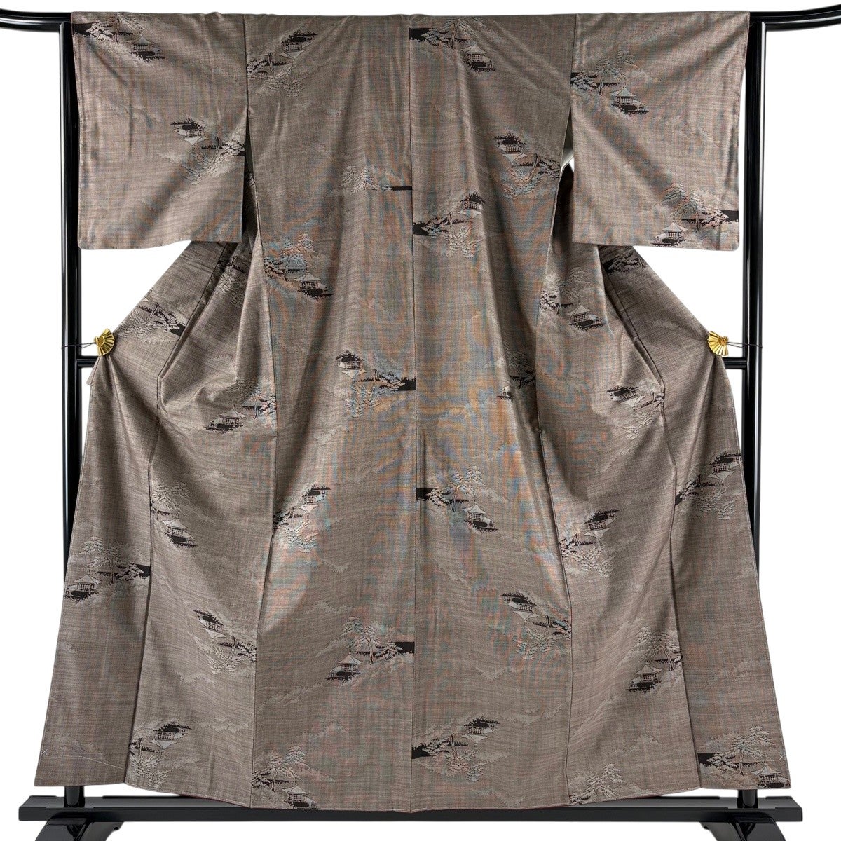 美品】 大島紬 身丈157.5cm 裄丈64.5cm M 袷 証紙あり 家屋 樹木 焦