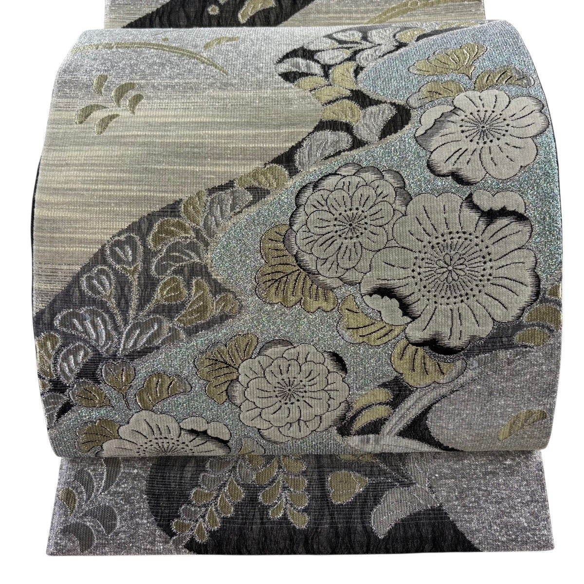 美品】 袋帯 秀品 関西仕立て 鴛鴦 草花 金銀糸 箔 緑 お太鼓柄 正絹
