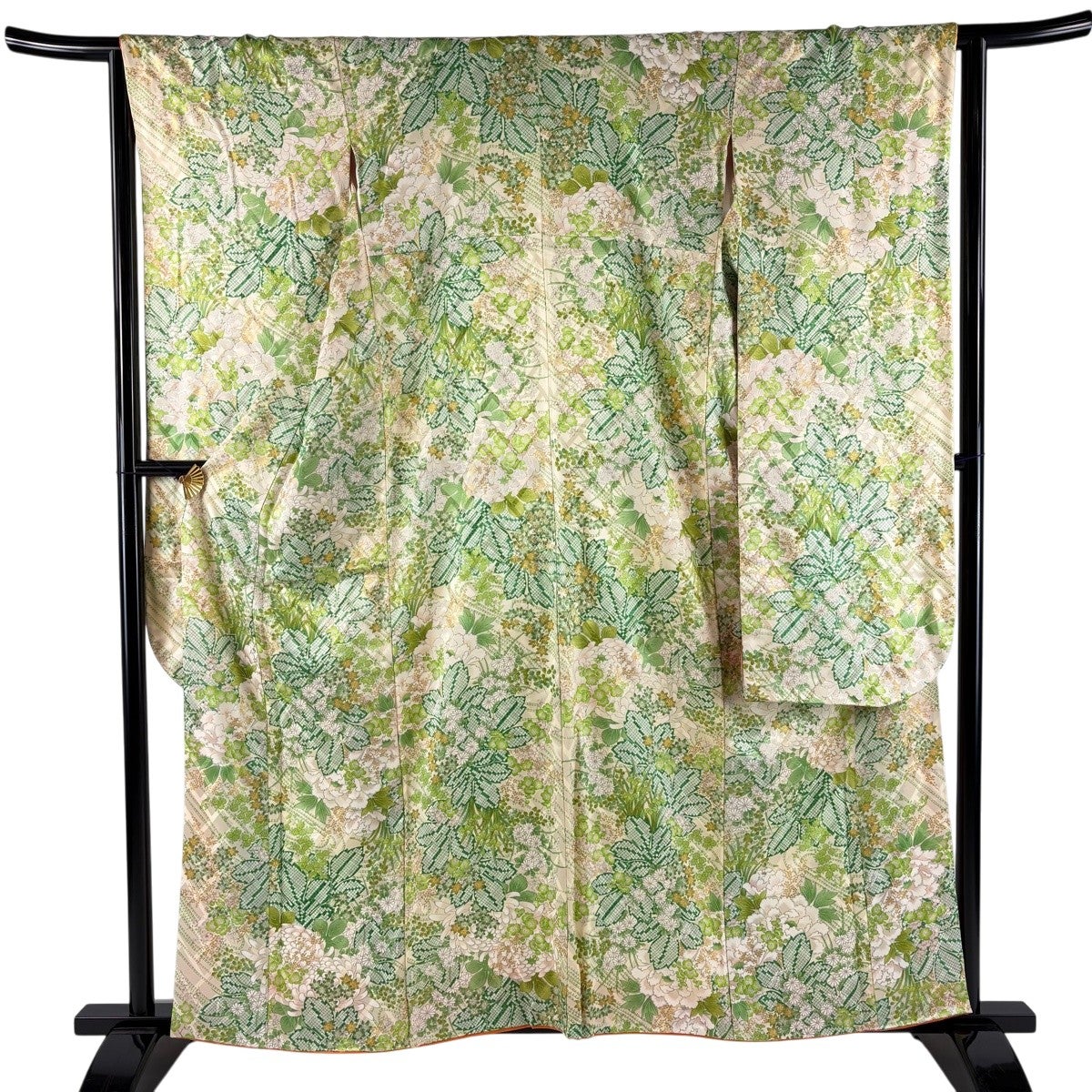 【美品】振袖　緑　正絹　金彩　牡丹　身丈161cm裄65.5cm 美品】 振袖 身丈160cm 裄丈64.5cm M 袷 草花 牡丹 金彩 黄緑色 正絹