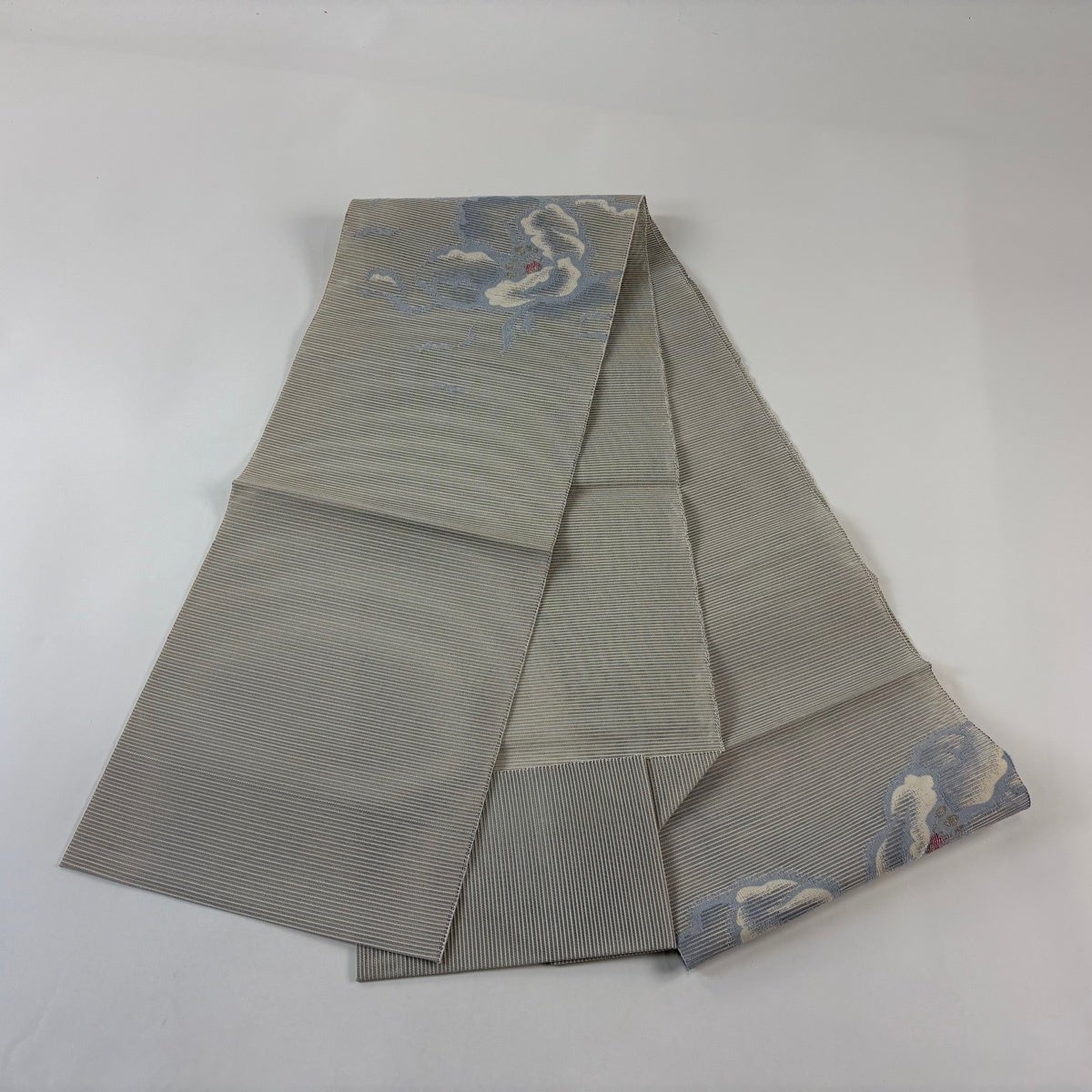 名古屋帯 優品 夏帯 絽 八寸名古屋帯 松葉仕立て 花 金銀糸 灰色 正絹
