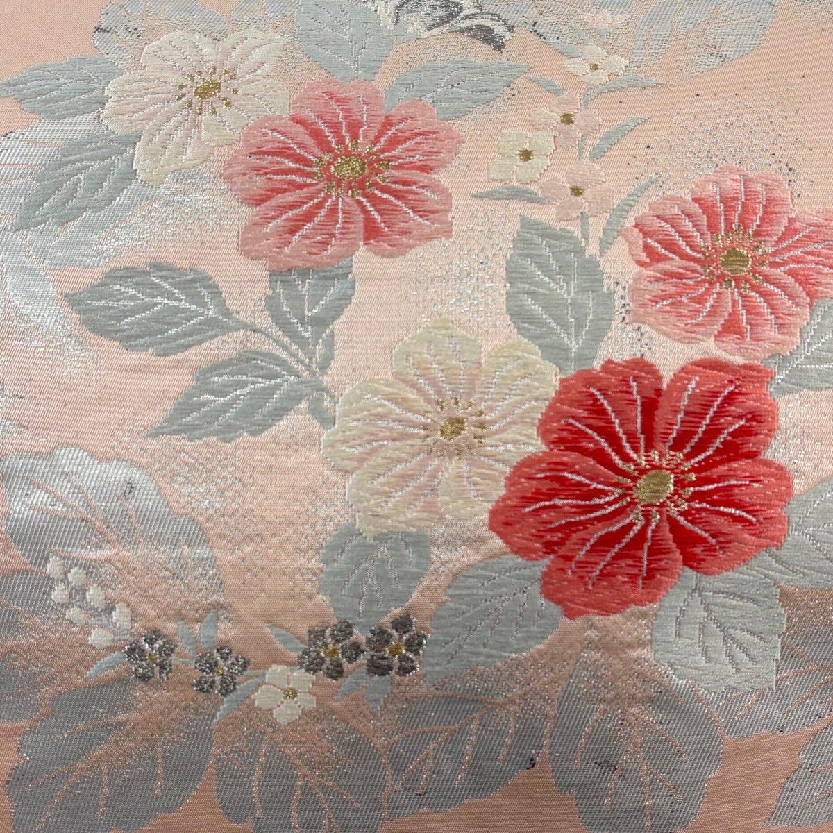 名古屋帯 優品 関西仕立て 草花 箔 金銀糸 ピンク 正絹｜中古・古着