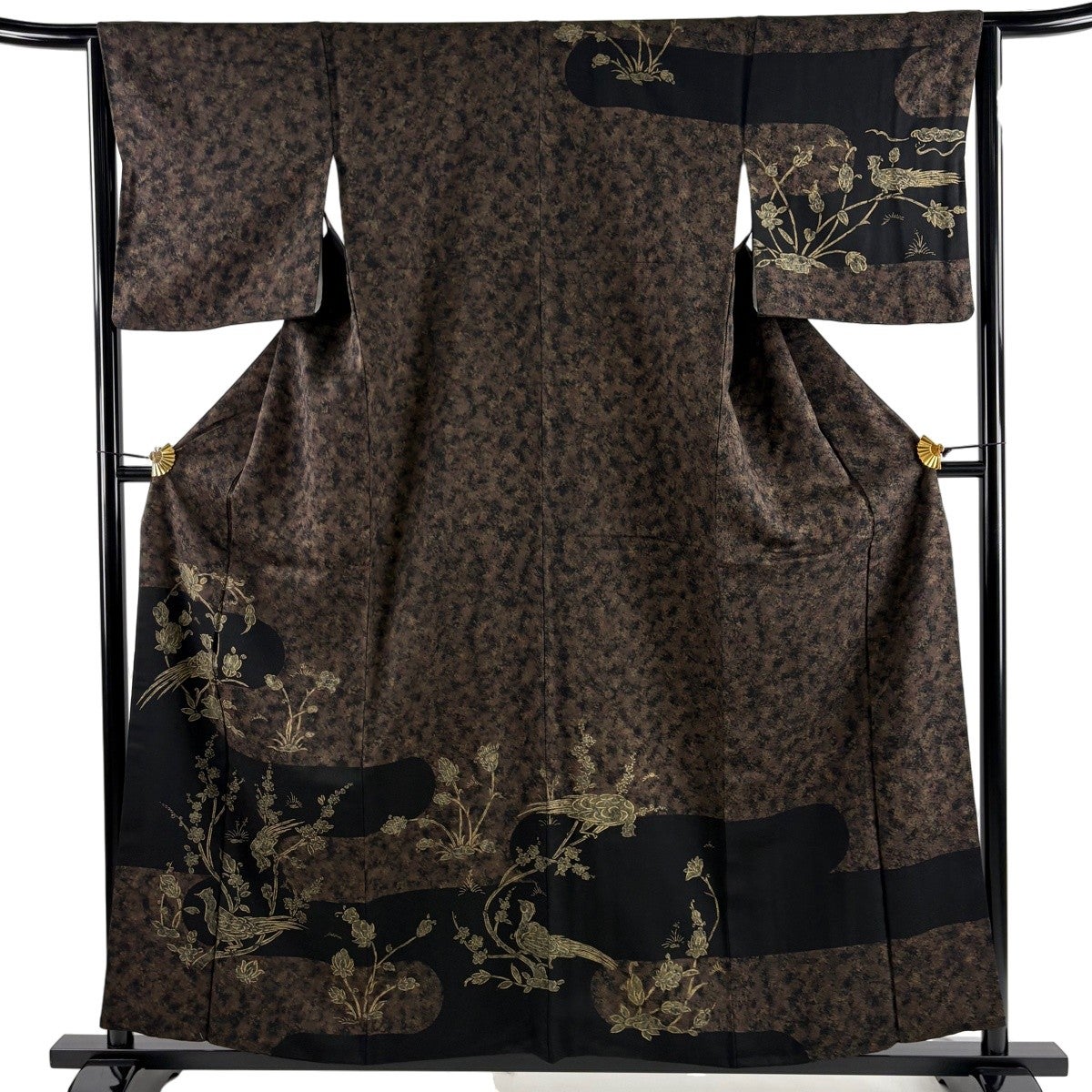 美品】 訪問着 身丈158.5cm 裄丈65cm M 袷 鳥 枝梅 金彩 焦茶色 正絹