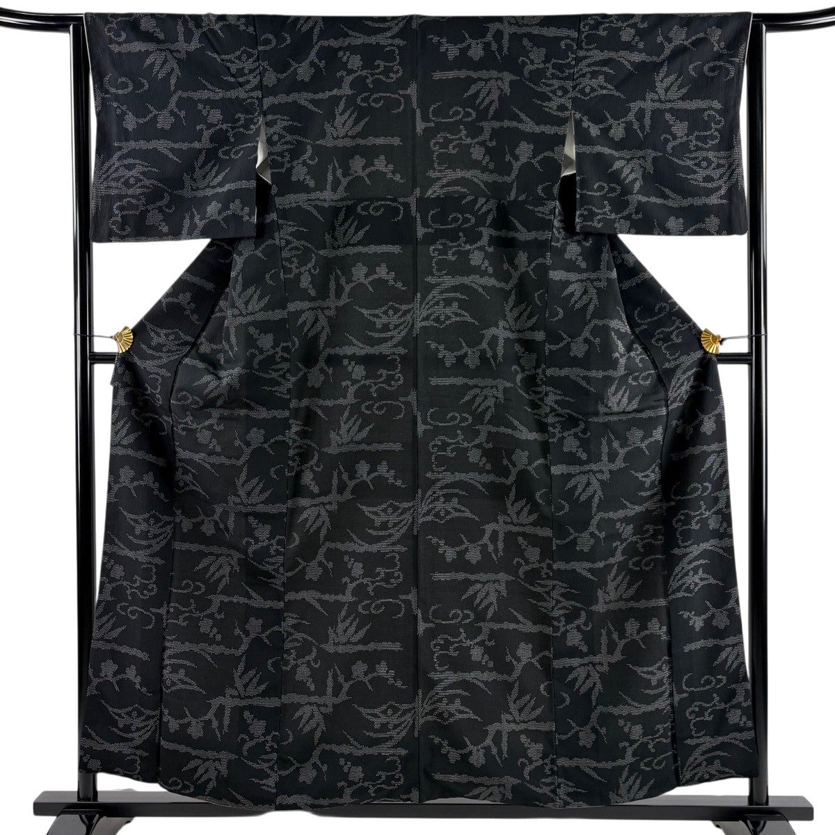 美品】 紬 身丈157cm 裄丈64cm M 袷 花 斜め格子 青灰色 正絹 優品