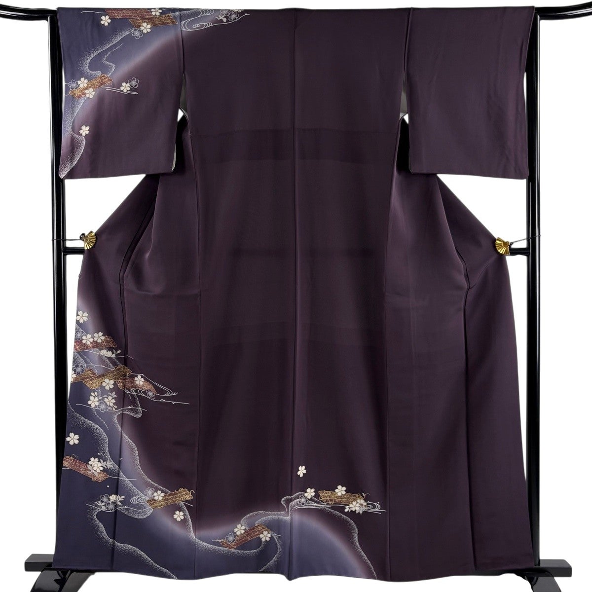 訪問着 身丈162cm 裄丈62.5cm S 袷 菊 葉柄 金糸 金彩 墨色 正絹 秀品