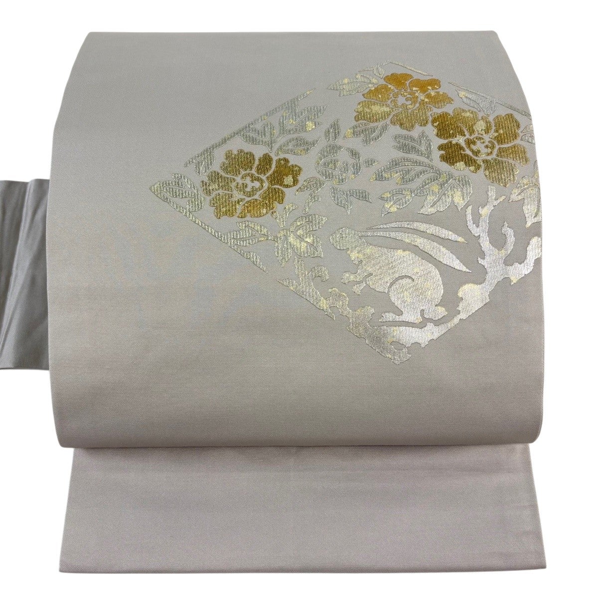 美品】 名古屋帯 秀品 落款あり 草花 うさぎ 金銀彩 灰色 正絹｜中古