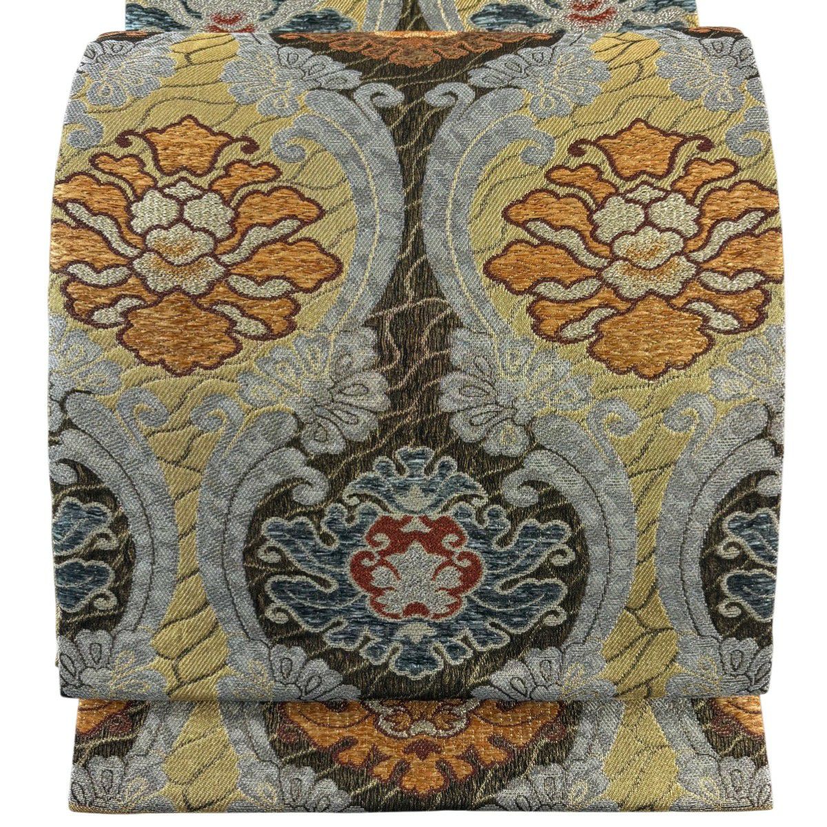 美品】 袋帯 秀品 葡萄唐草 華文 金銀糸 箔 青灰色 六通 正絹｜中古