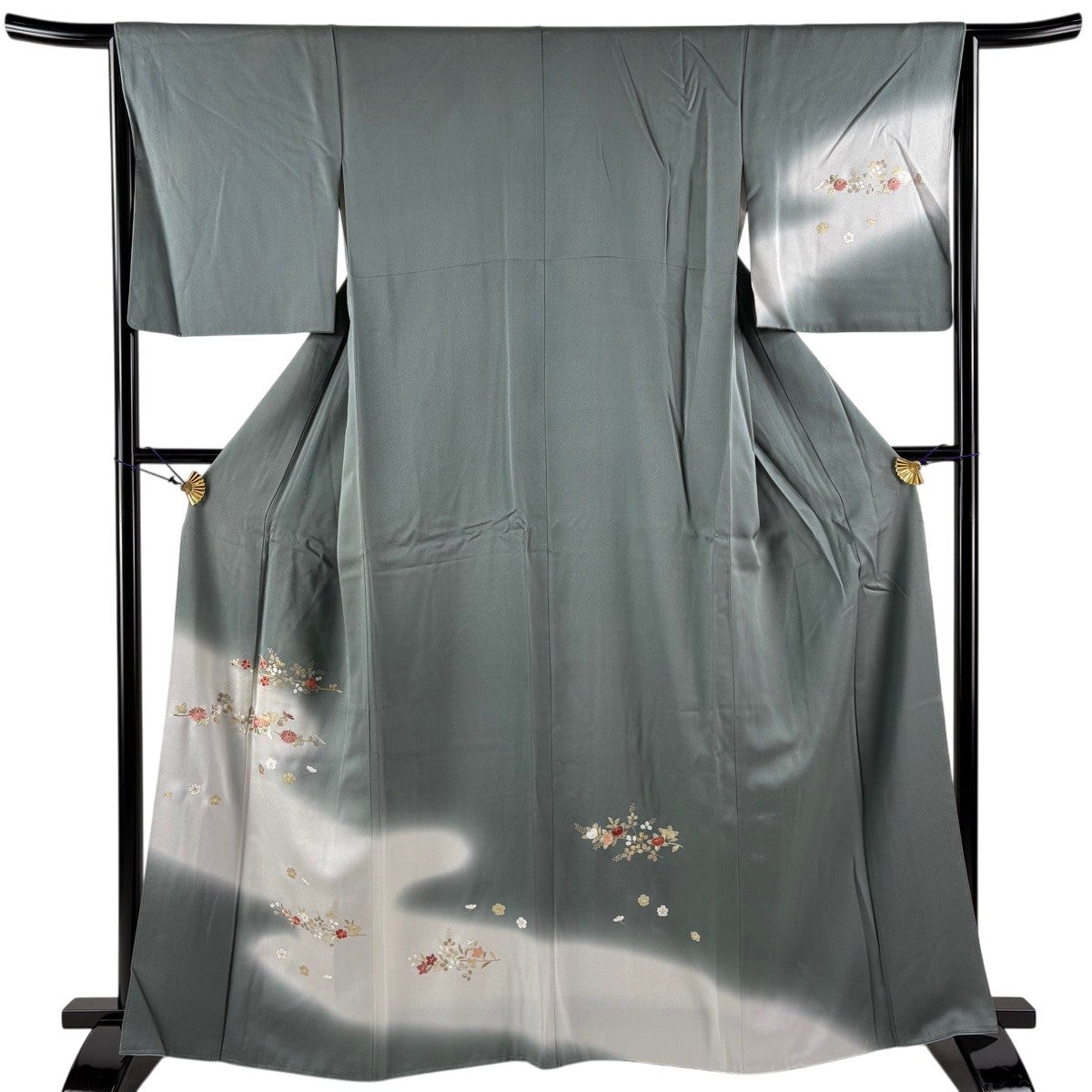 訪問着 身丈162.5cm 裄丈67cm M 袷 菊 椿 絞り ぼかし 灰緑 正絹 秀品