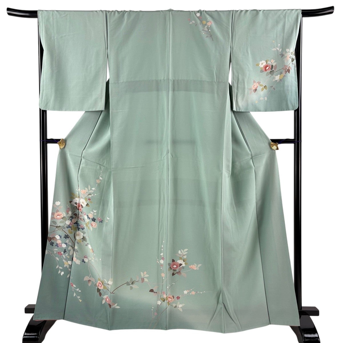 超美品　正絹　袷　訪問着　着物　着丈161　裄66　クリーム　黄緑　水色　ピンク 訪問着 身丈161cm 裄丈66cm M 袷 扇 草花 刺繍 銀糸 黄土色 正絹 秀品