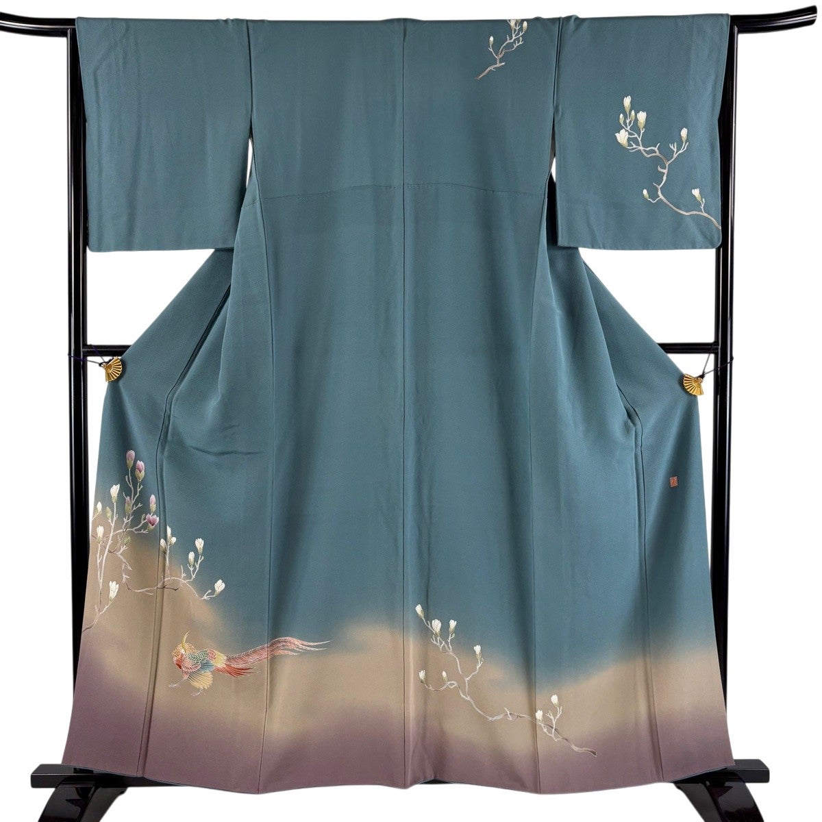 訪問着 身丈156cm 裄丈64cm M 袷 鳥 枝花 金彩 ぼかし 青緑 正絹 秀品