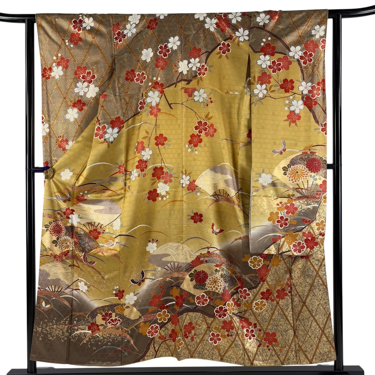 振袖 身丈152.5cm 裄丈62cm S 袷 扇面 菊 金糸 金彩 黄土色 正絹 秀品