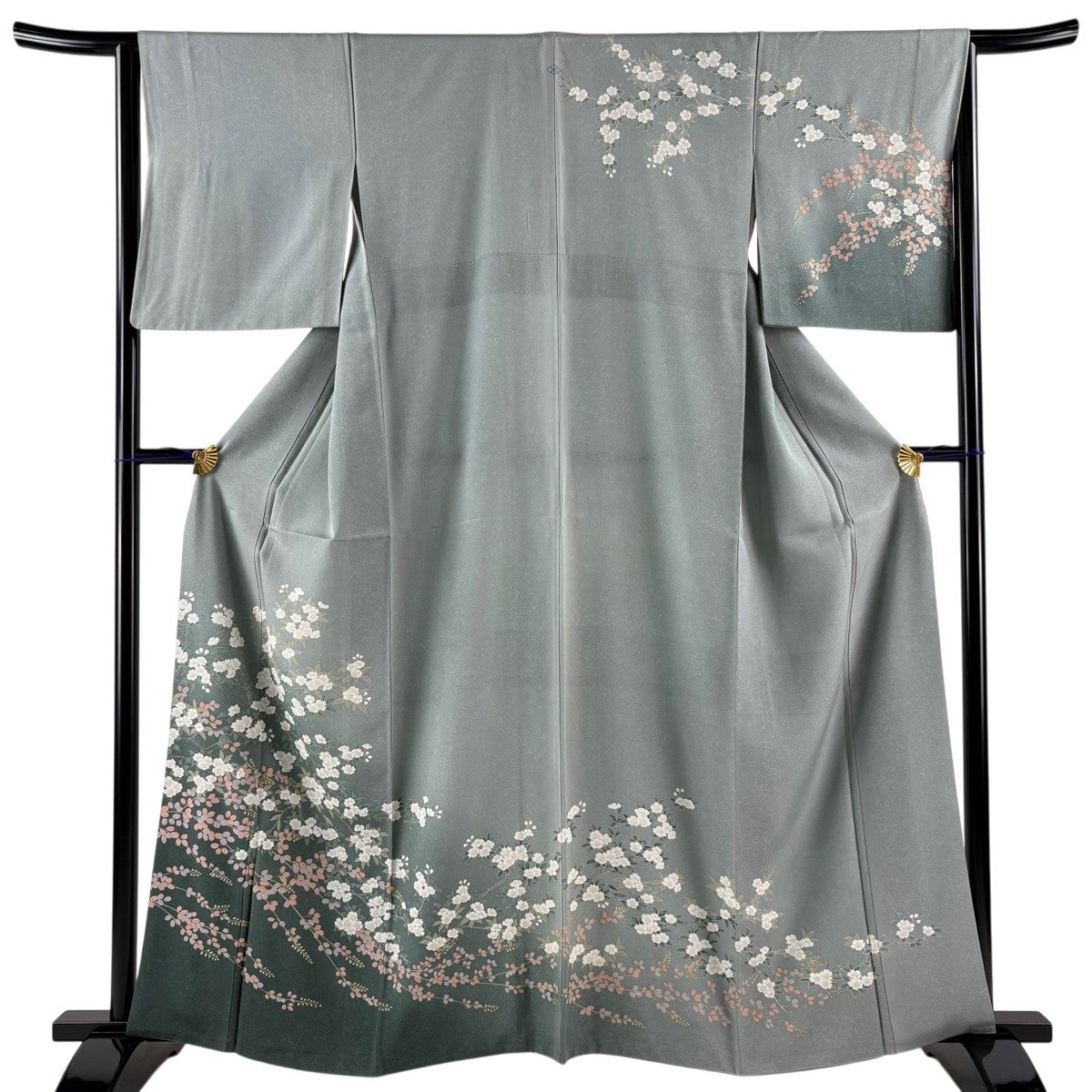訪問着 身丈156cm 裄丈65.5cm M 袷 扇 椿 金彩 ぼかし 薄緑 正絹 秀品