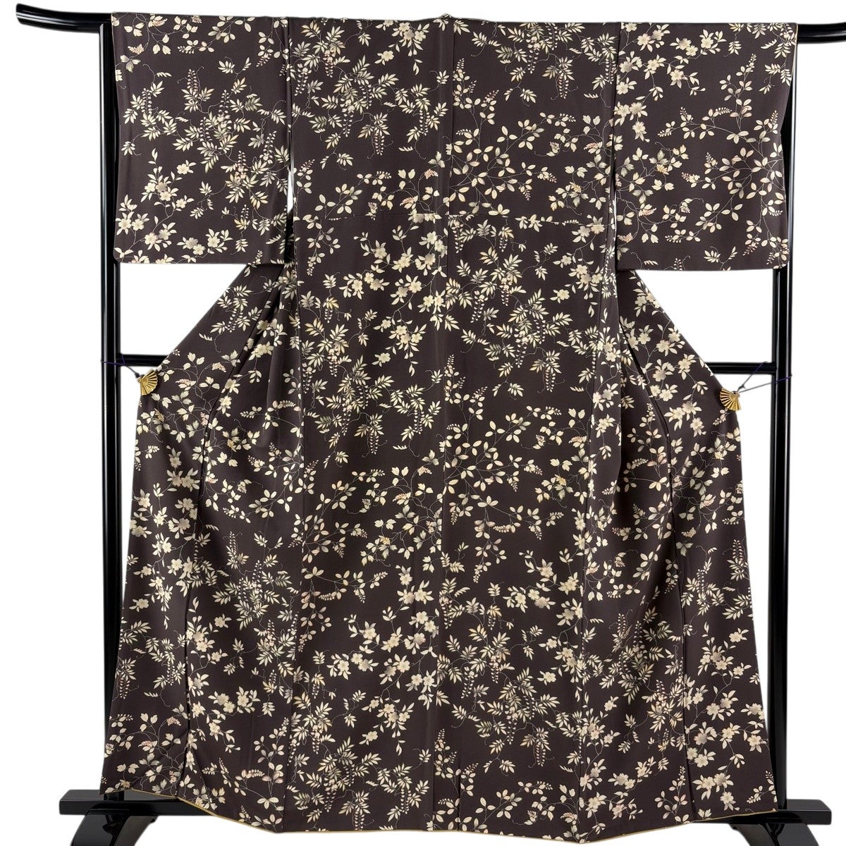 美品】 小紋 身丈160.5cm 裄丈66cm M 袷 桜 葉柄 焦茶色 正絹 秀品