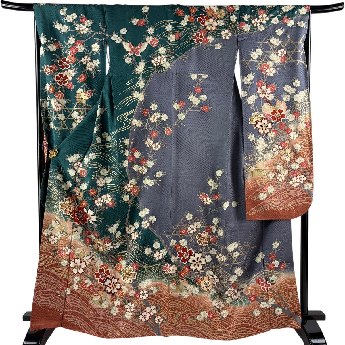 振袖 身丈164.5cm 裄丈66cm M 袷 桜 鴛鴦 金彩 染め分け 緑 正絹 秀品