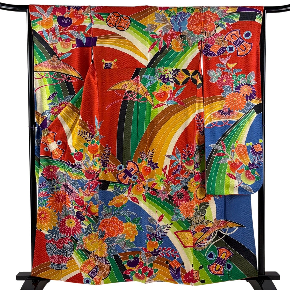 振袖 身丈159cm 裄丈65cm M 袷 草花 花器 染め分け 朱色 正絹 秀品 振袖 身丈159cm 裄丈65cm M 袷 草花 花器 染め分け 朱色 正絹 秀品