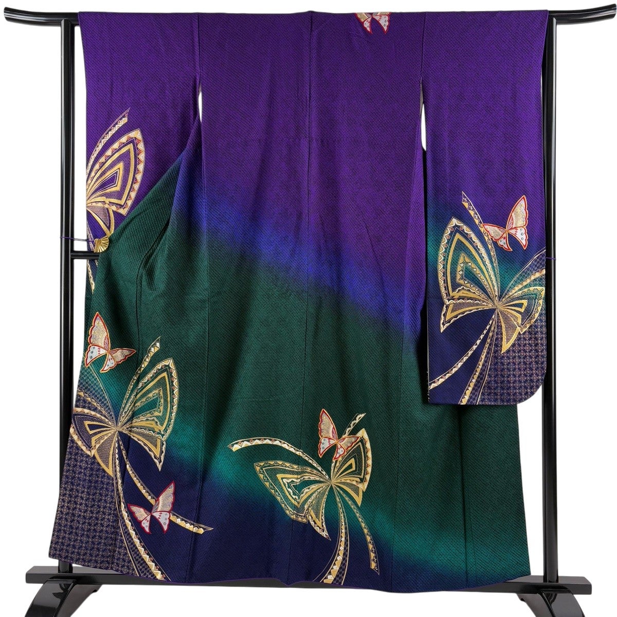 美品】 振袖 身丈157.5cm 裄丈62.5cm S 袷 蝶 幾何学 金糸 金彩 濃紫 美品】 振袖 身丈157.5cm 裄丈62.5cm S 袷 蝶 幾何学 金糸 金彩 濃紫