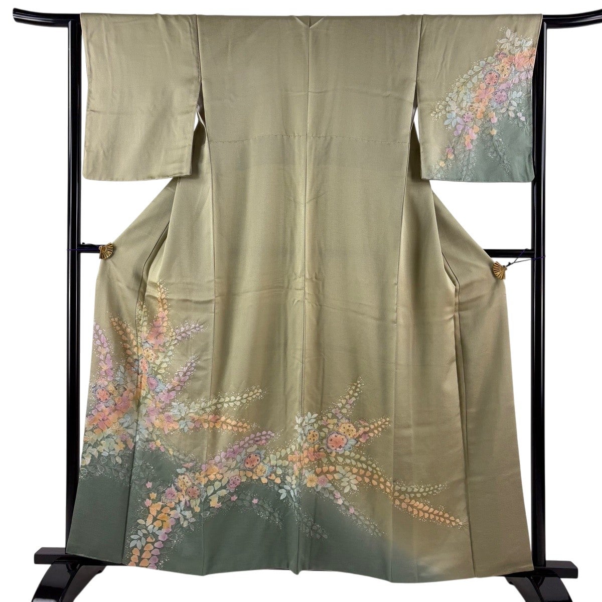 訪問着 身丈151.5cm 裄丈64cm M 袷 笠松 鶴 染め分け ぼかし 灰緑 正絹 訪問着 身丈151.5cm 裄丈64cm M 袷 笠松 鶴 染め分け ぼかし 灰緑 正絹