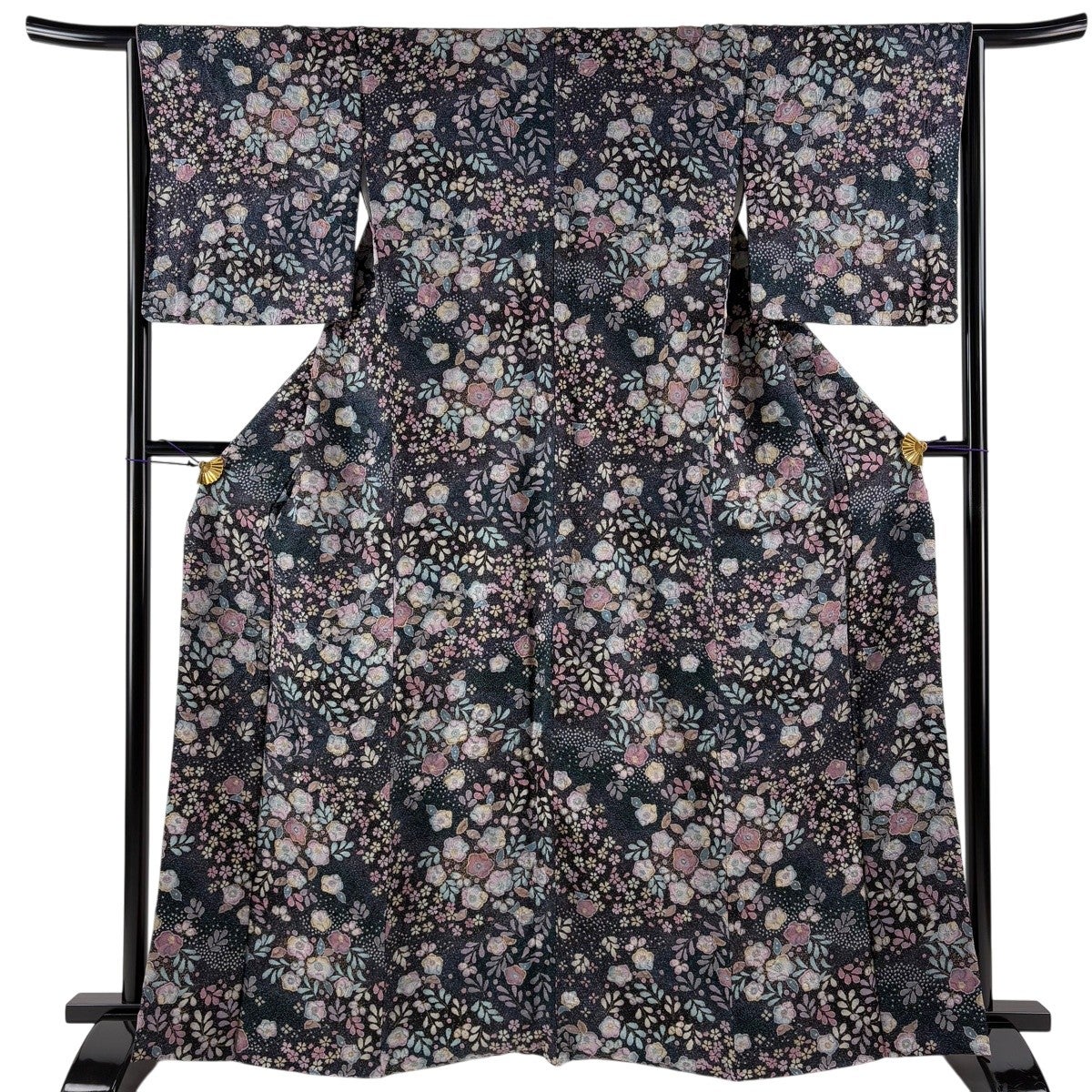 小紋 身丈165.5cm 裄丈64.5cm M 袷 草花 桜 金彩 絞り 墨色 正絹 秀品