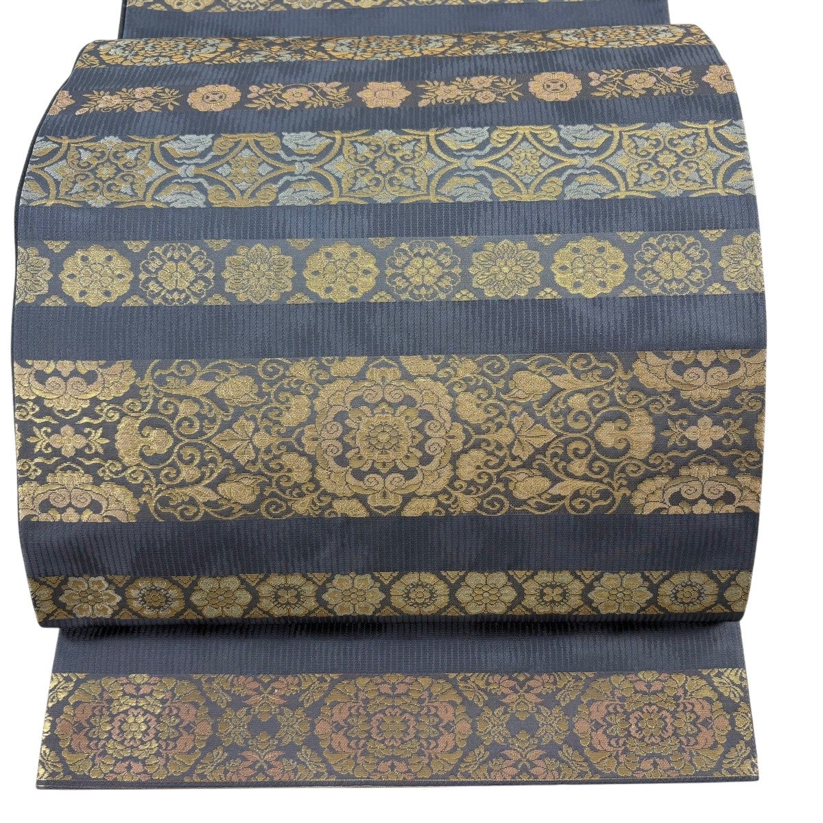 美品】 袋帯 秀品 落款あり 人物 草花 箔 螺鈿 金色 お太鼓柄 正絹