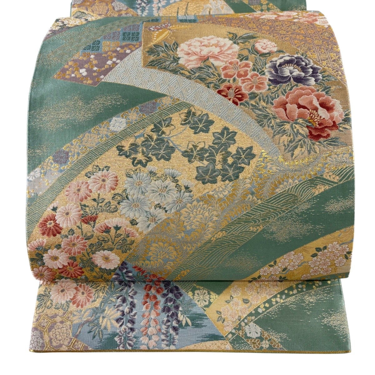 美品】 袋帯 名品 桃山扇面屏風文 金通し 箔 金色 六通 正絹｜中古