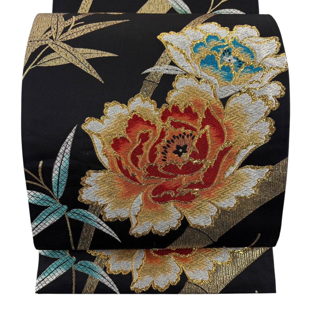 美品】 袋帯 秀品 牡丹 竹 刺繍 金銀糸 黒 六通 正絹|中古・古着 美品】 袋帯 秀品 牡丹 竹 刺繍 金銀糸 黒 六通 正絹|中古・古着