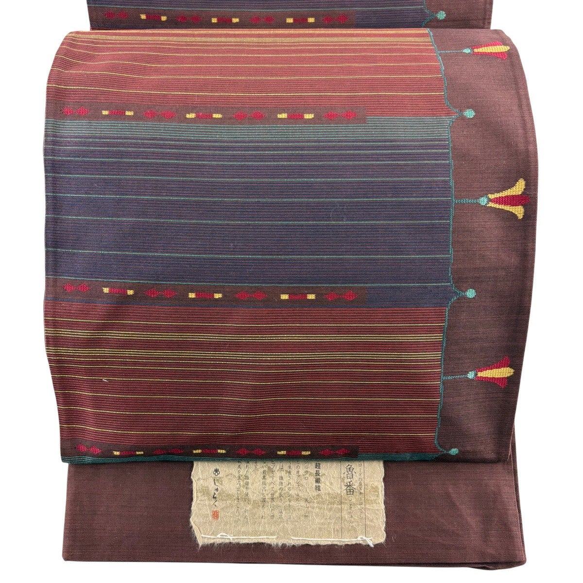 美品】 袋帯 秀品 花唐草 幾何学模様 えんじ色 全通 正絹｜中古・古着