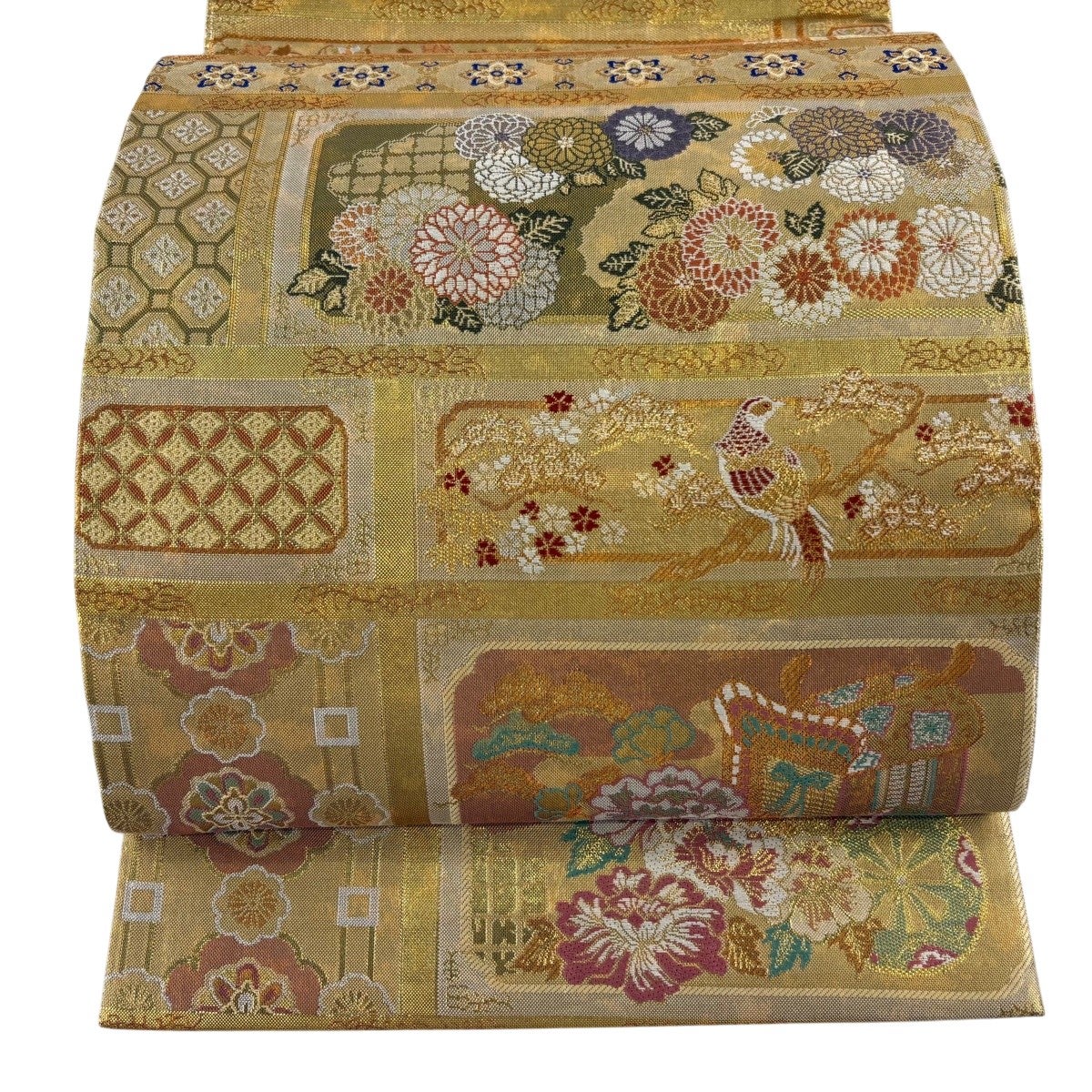 袋帯 秀品 螺鈿織 短冊 花鳥 箔 金彩 金色 お太鼓柄 正絹｜中古・古着