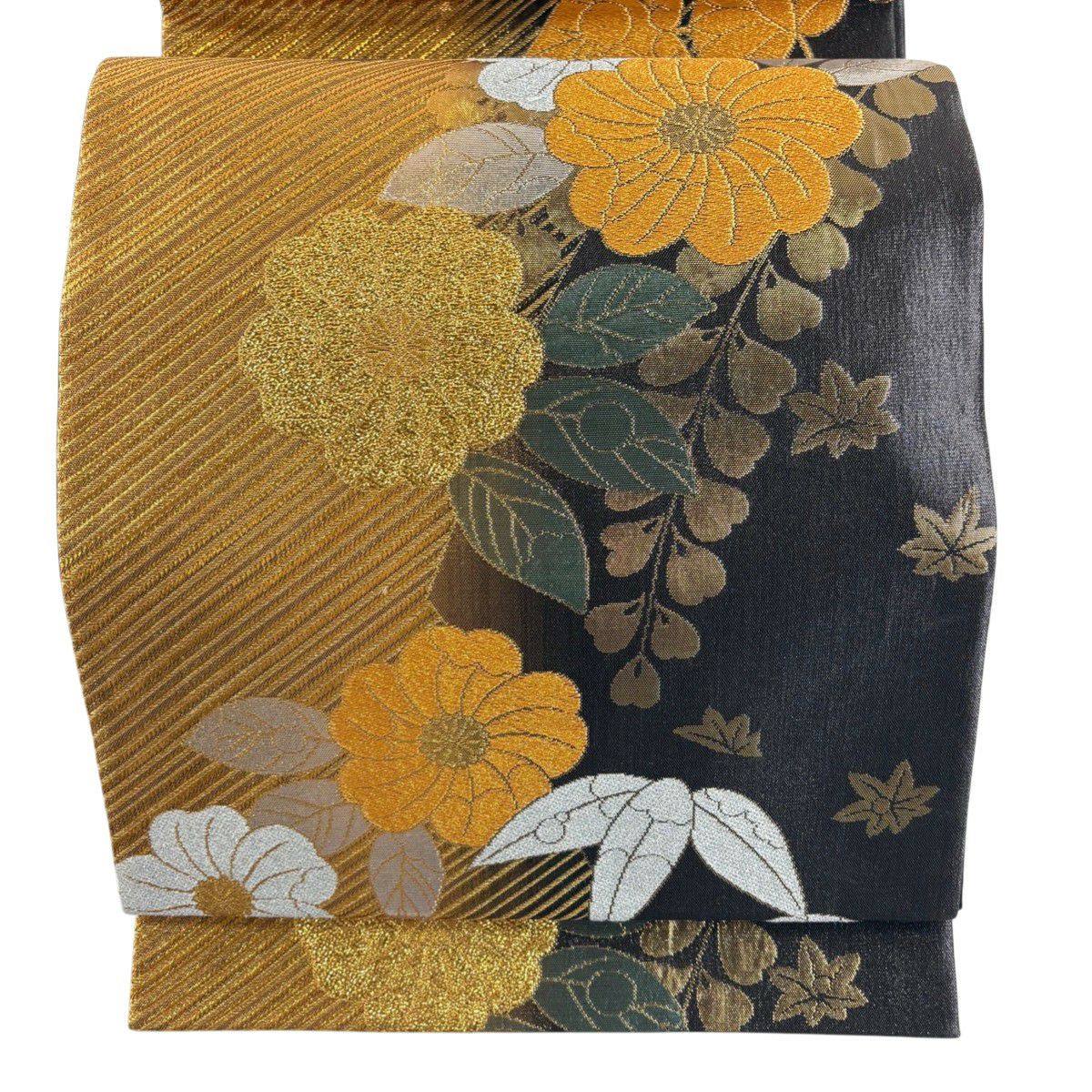 美品】 袋帯 秀品 桜 斜縞 箔 銀糸 金色 六通 正絹｜中古・古着
