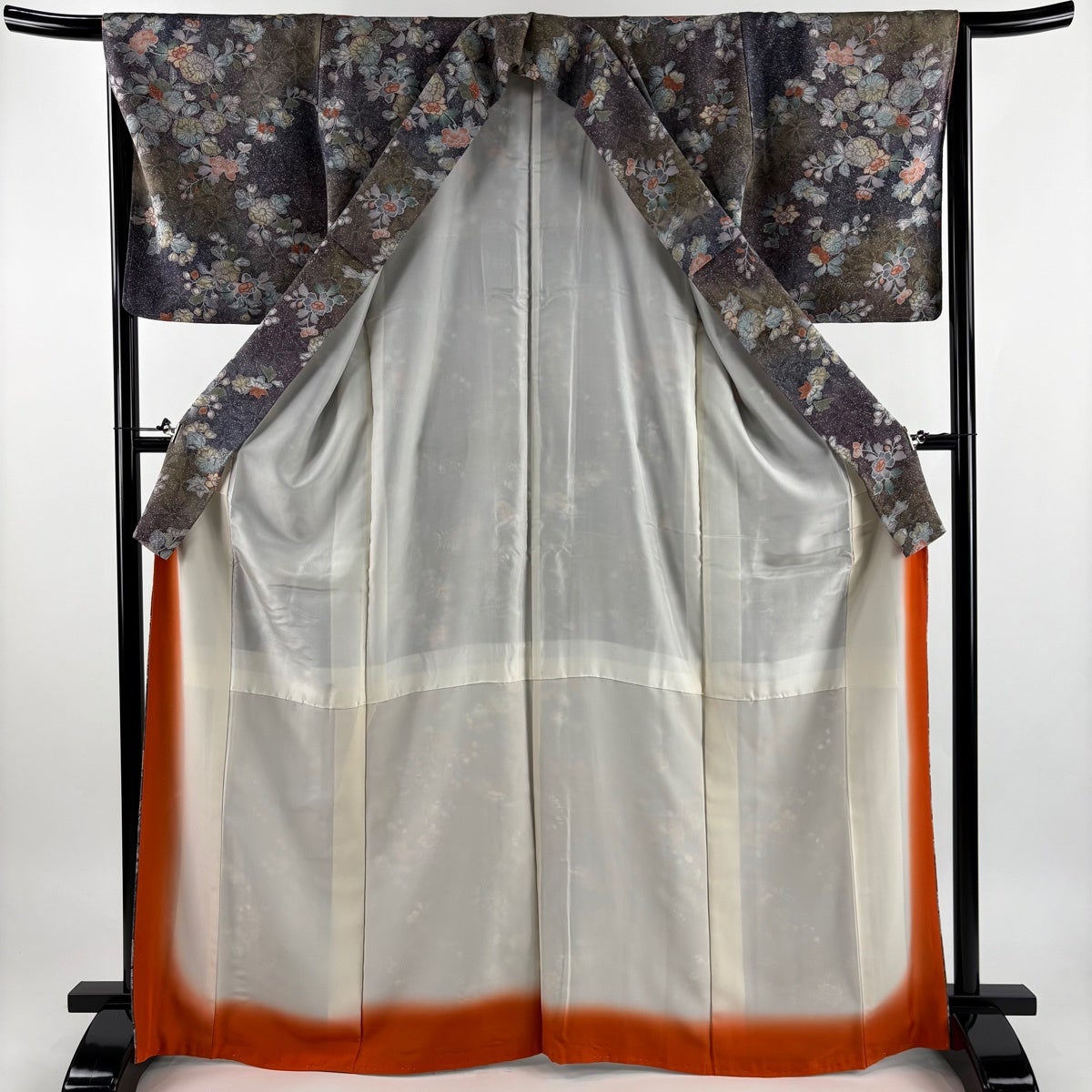 美品】 小紋 身丈167cm 裄丈67cm M 袷 辻が花柄 金彩 縮緬 灰紫 正絹