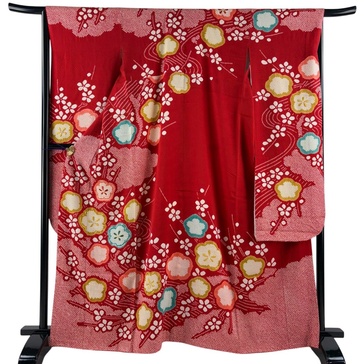 美品】 振袖 身丈163cm 裄丈65cm M 袷 梅 金銀糸 絞り 赤 正絹 秀品