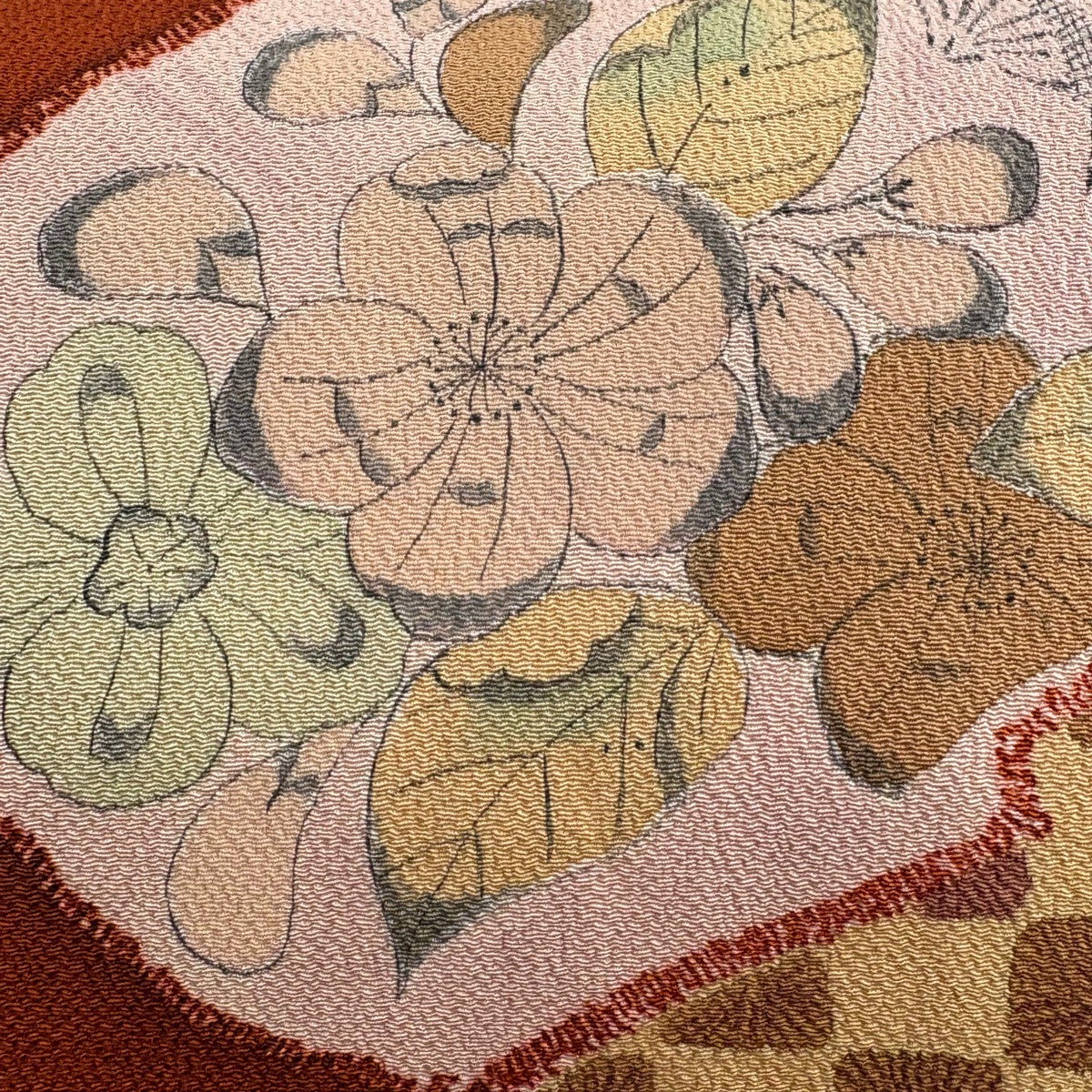 名古屋帯 秀品 草花 市松 縮緬 赤茶 正絹｜中古・古着・リサイクル着物