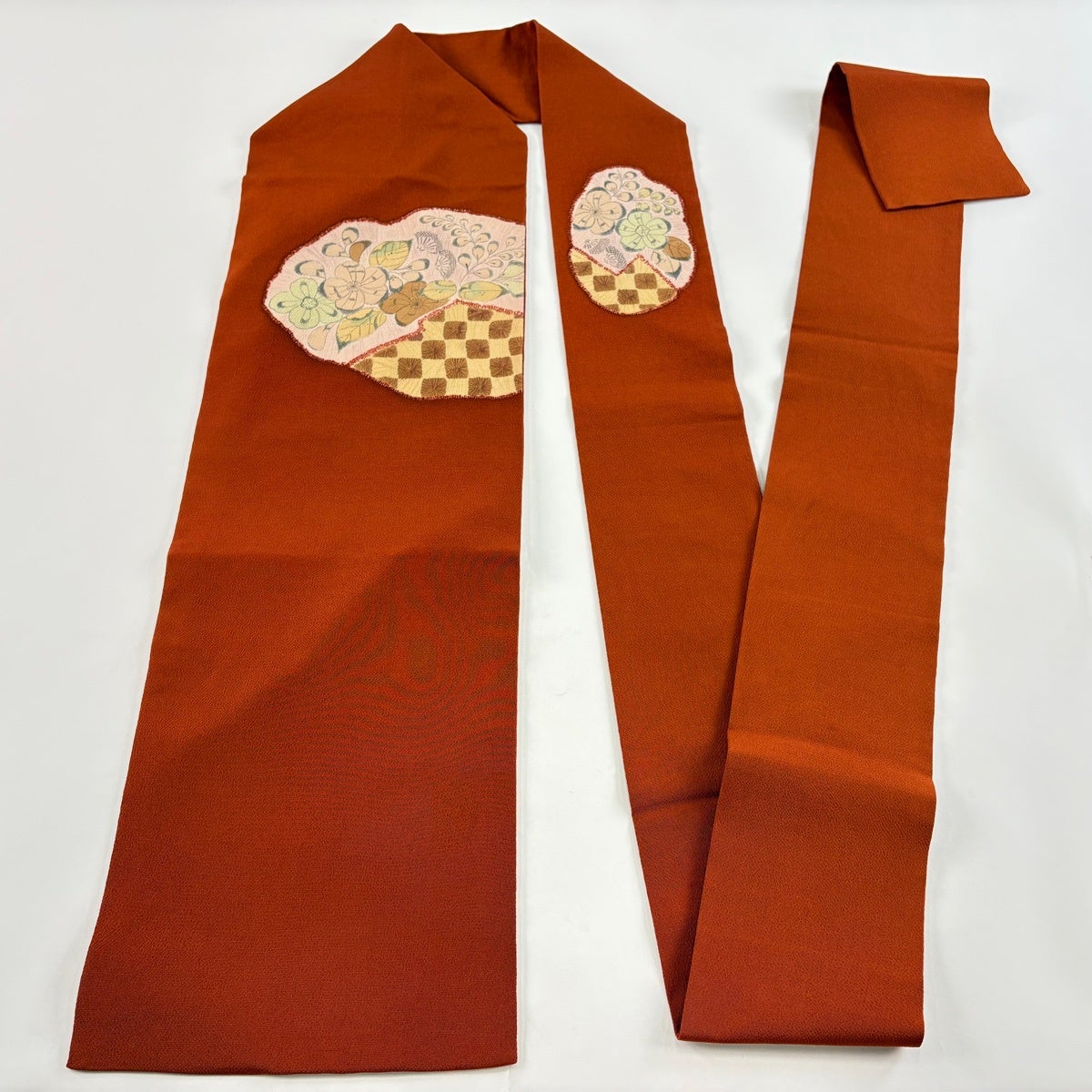 名古屋帯 秀品 草花 市松 縮緬 赤茶 正絹｜中古・古着・リサイクル着物