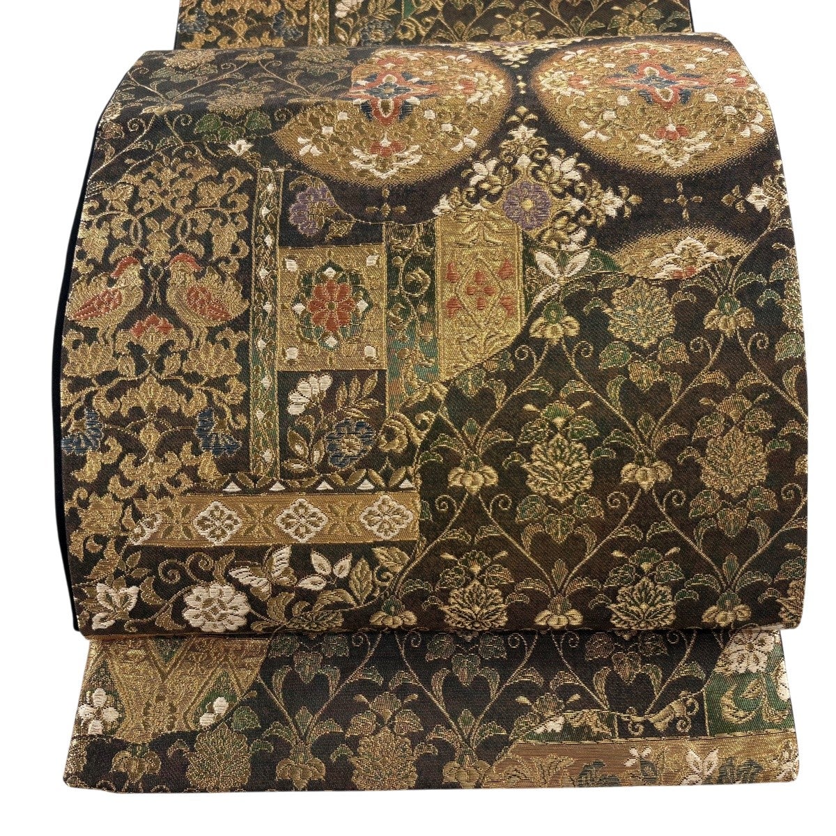 袋帯 秀品 尾長鳥 華文 箔 金糸 茶色 六通 正絹｜中古・古着