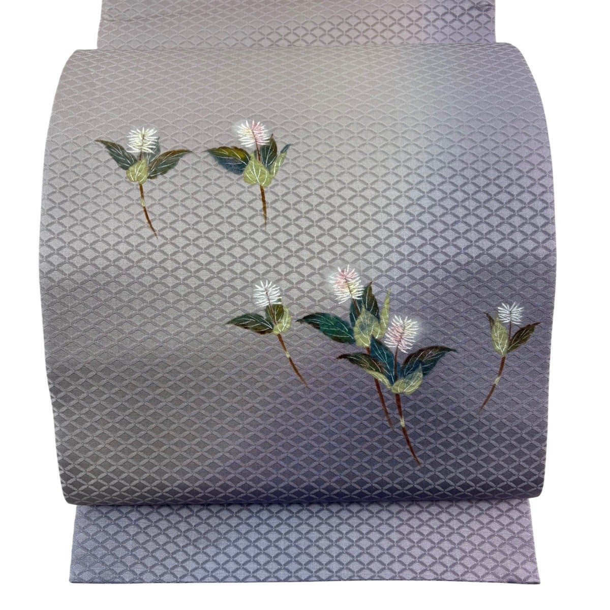 美品】 袋帯 逸品 やまと 草花 華文 金糸 切り嵌め 薄紫 お太鼓柄 正絹