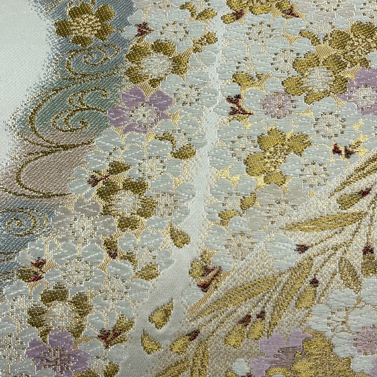 袋帯 秀品 桜 観世水 金糸 唐織 灰茶 六通 正絹｜中古・古着