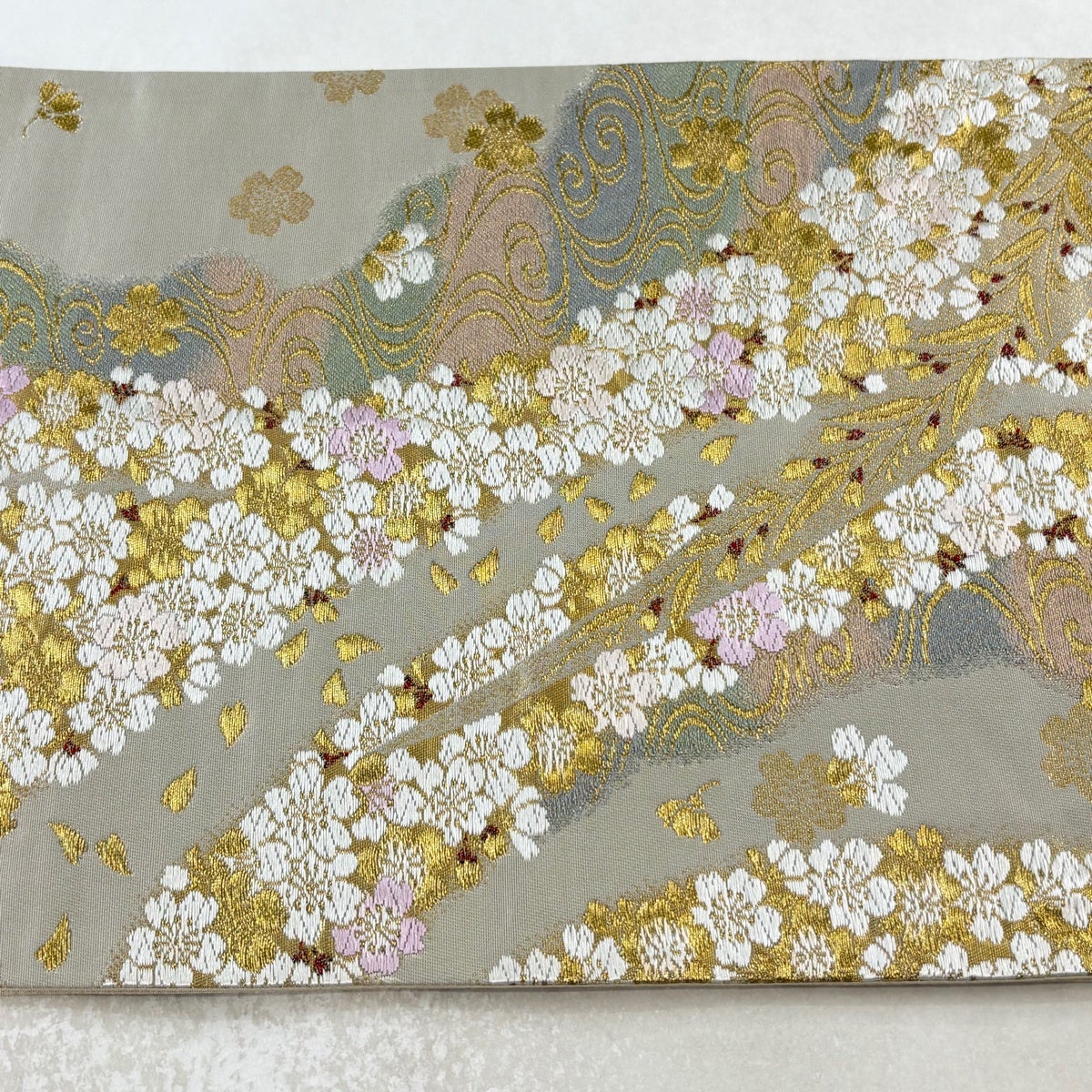 袋帯 秀品 桜 観世水 金糸 唐織 灰茶 六通 正絹｜中古・古着