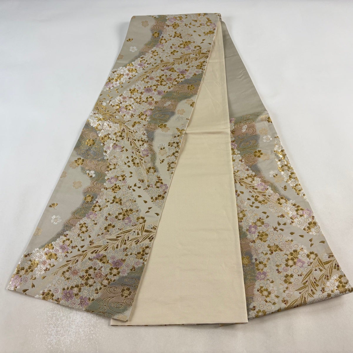 袋帯 秀品 桜 観世水 金糸 唐織 灰茶 六通 正絹｜中古・古着