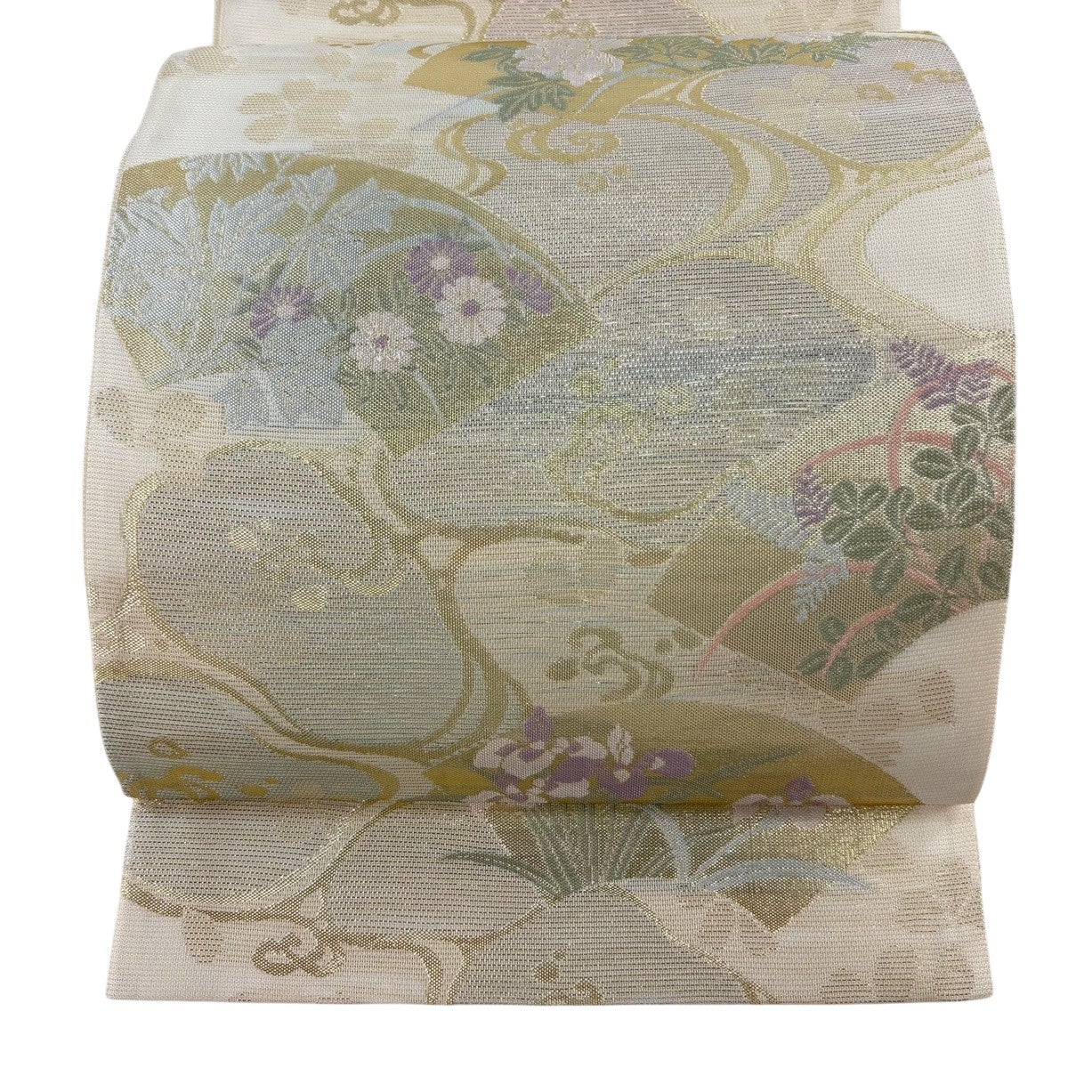 袋帯 秀品 関西仕立て 華文 向かい鳥 金糸 箔 薄茶色 六通 正絹｜中古